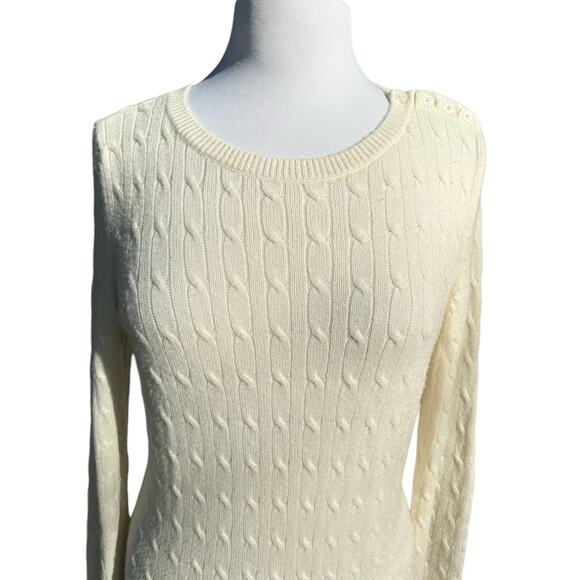 Talbots Cable Knit Sweater Ivory M Button Shoulders Lambswool Classic Capsule - Picture 7 of 9